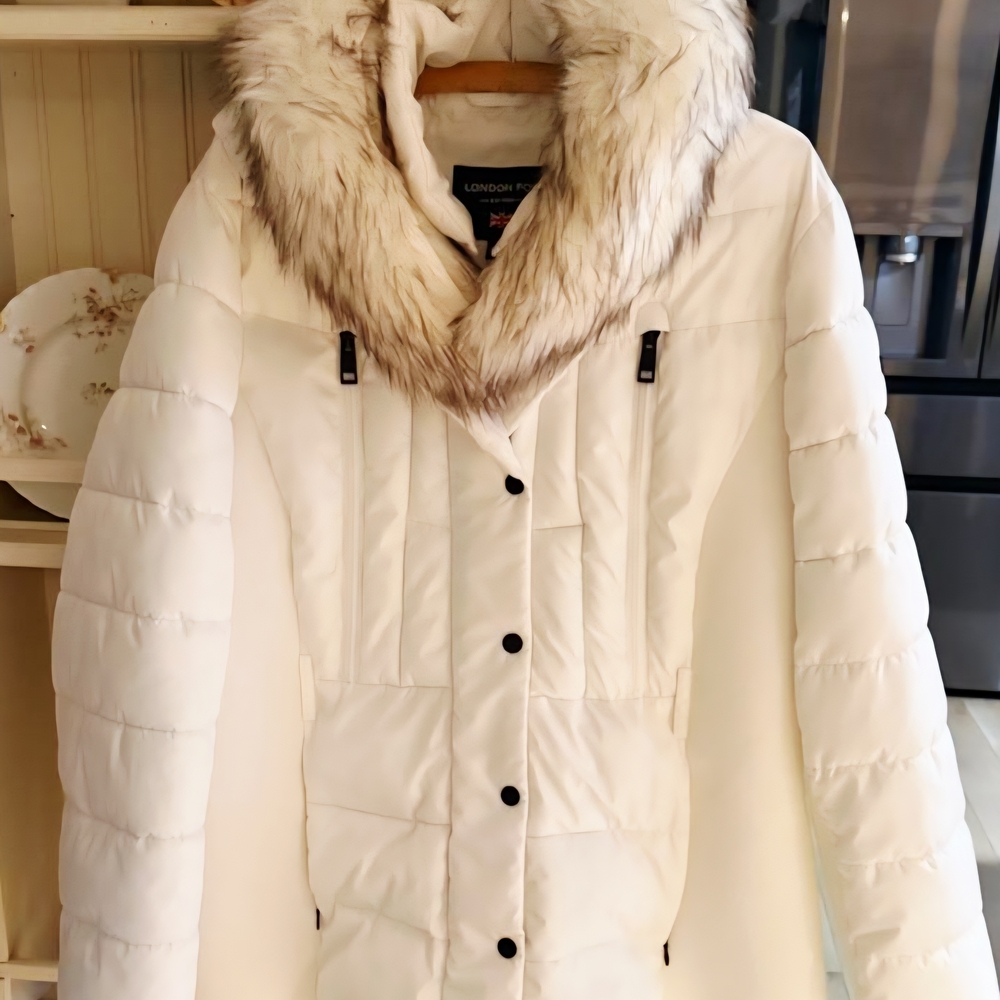 London Fog Women's White Puffer Coat with Faux Fur Trim